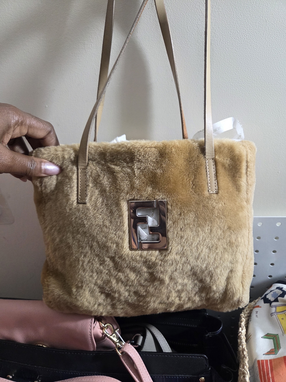 Fendi Fur Tan Tote Bag with Metal Accent
